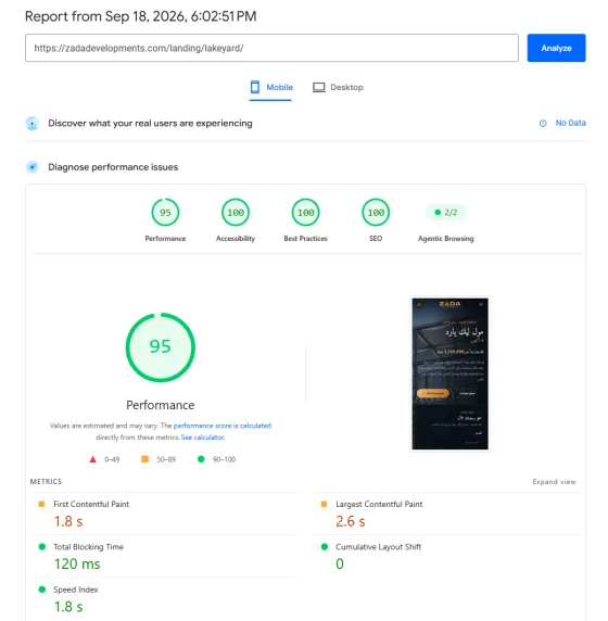 PageSpeed Insights report for zadadevelopments.com/landing/lakeyard: Performance 95, Accessibility 100, Best Practices 100, SEO 100, and Cumulative Layout Shift 0.